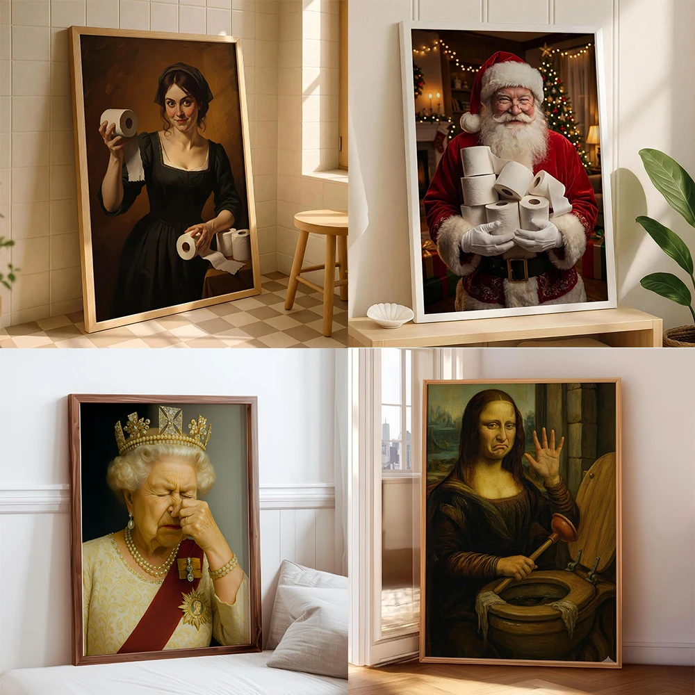 Divertido Cuadro de Pared para Baño con Diseño de la Mona Lisa, Póster Vintage para Baño, Retrato de Reina Vintage, Arte de Mediados de Siglo, Impresión en Lienzo