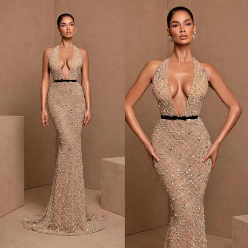 

Sexy Crystals Mermaid Evening Dresses Halter Neck Sleeveless Prom Gowns Sweep Train Special Occasion Party Customized