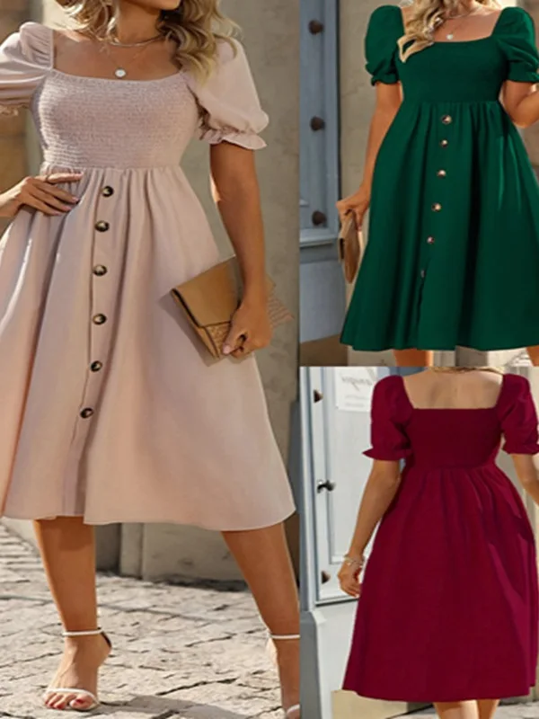 

2025 European And American New Women's Solid Color Short-sleeved Dress