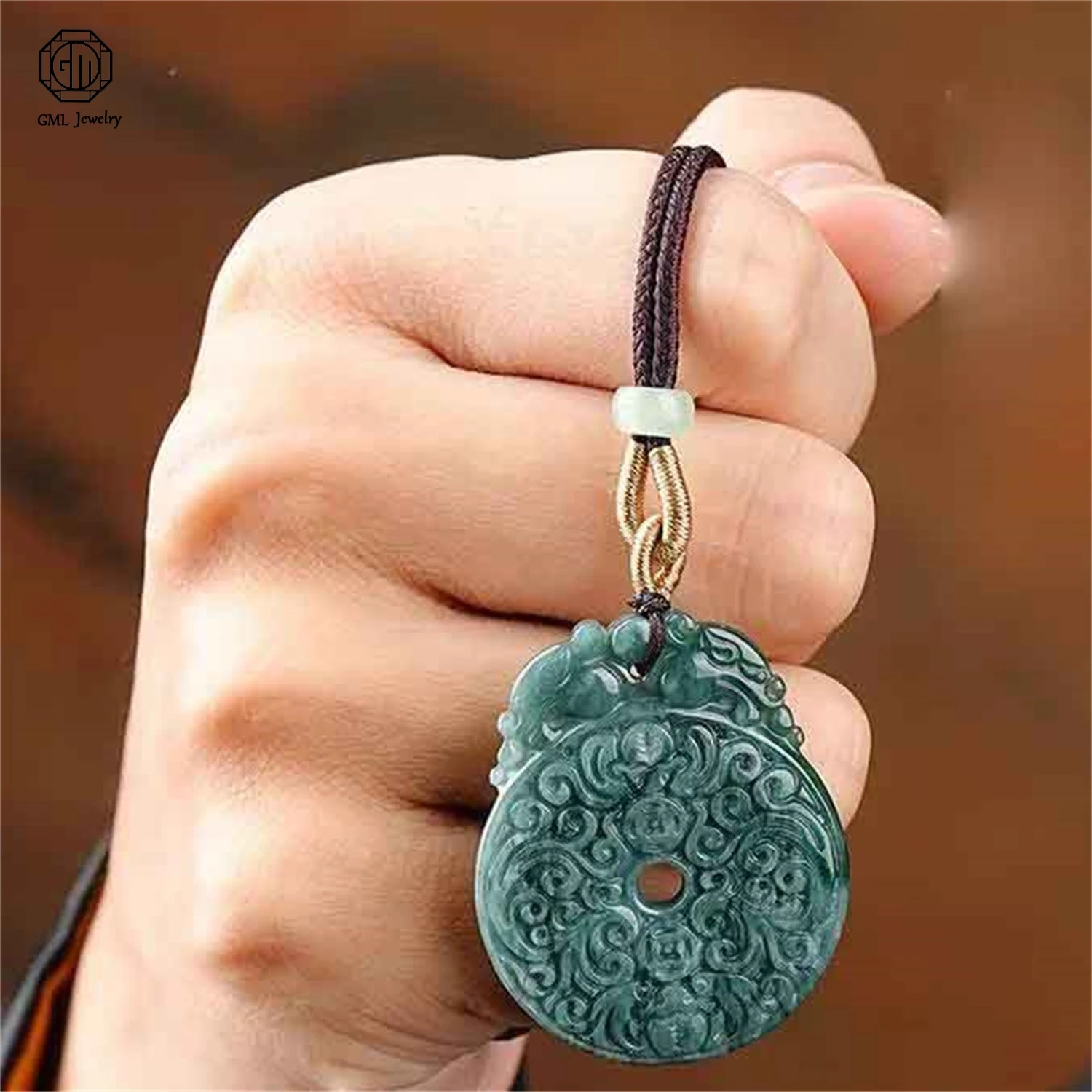 Natural Jadeite Jade Double Dragon Bi Disc Peace Lock Carved Pendant Unisex Gemstone Necklace Jewelry Gift