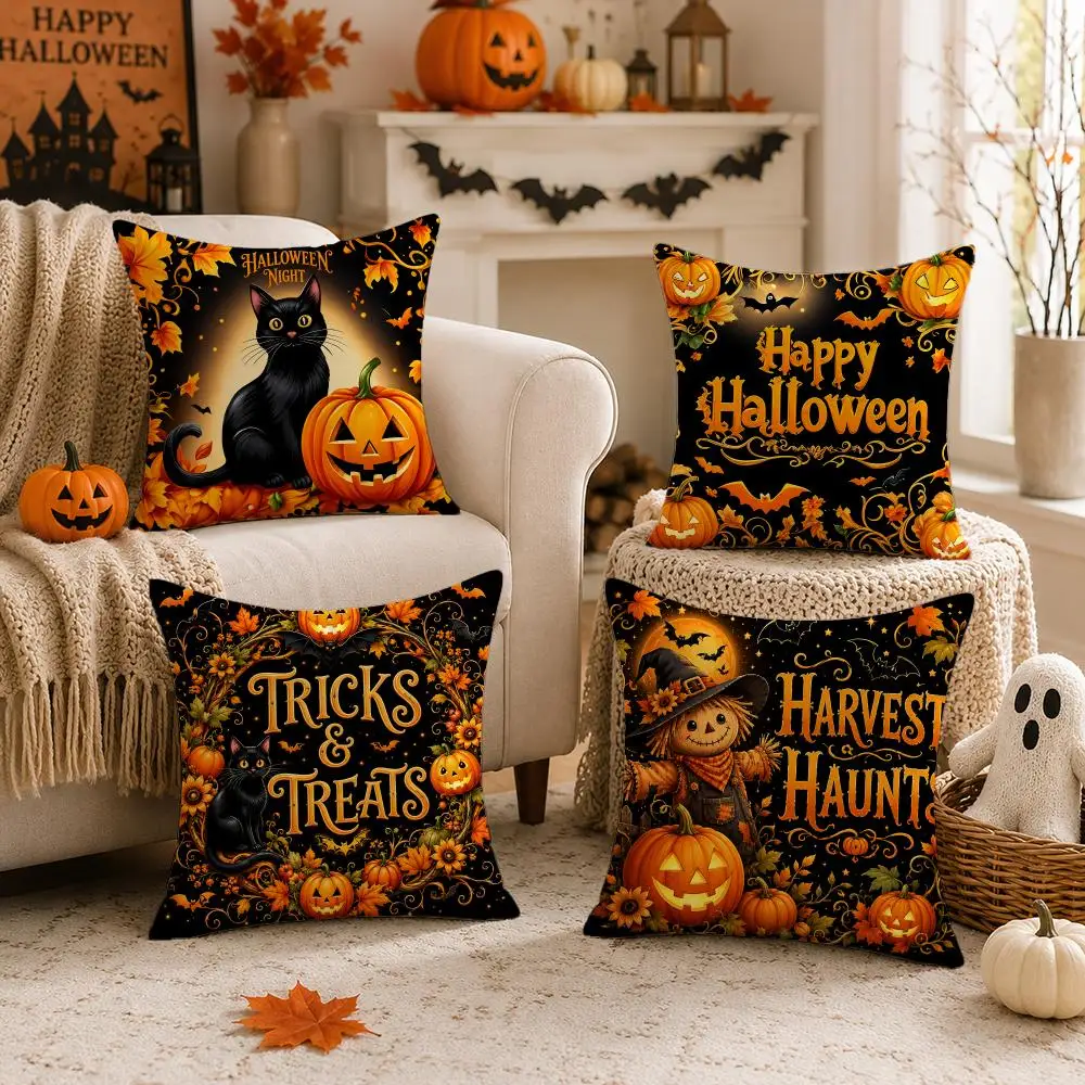 Ornate Black Gold Halloween Text Posters Cushion Cover Skin-Soft Pillow Cover Festive Home Accent Great Gift for Sofa Bed