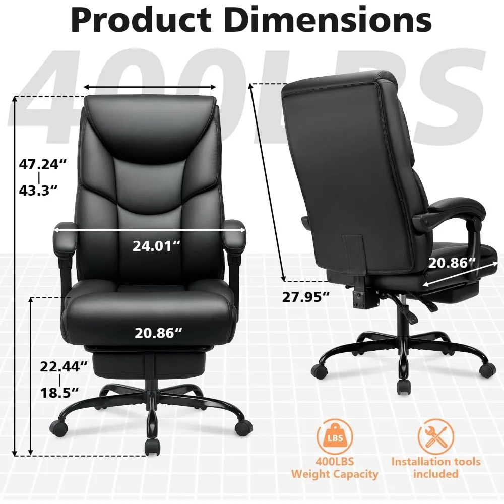 Cadeira de escritório de 400 libras com descanso para os pés, cadeira de escritório grande e alta reclinável com almofada de mola de apoio lombar, couro PU com encosto alto