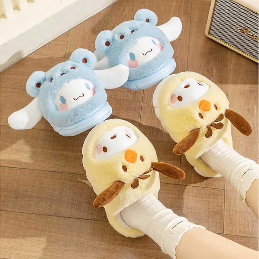 Cartoon Warm Plush Slippers Cinnamoroll Pompompurin Kuromi Sanrioed Anime Hello Kitty Winter Thicken Home Slippers Festival Gift