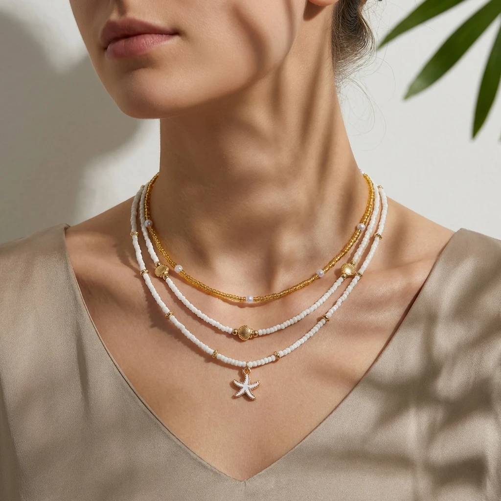 Ocean Inspired Layered Beaded Necklace Set for Women Starfish Shell Pearl Style Boho Beach Jewelry Summer Vacation Accessory