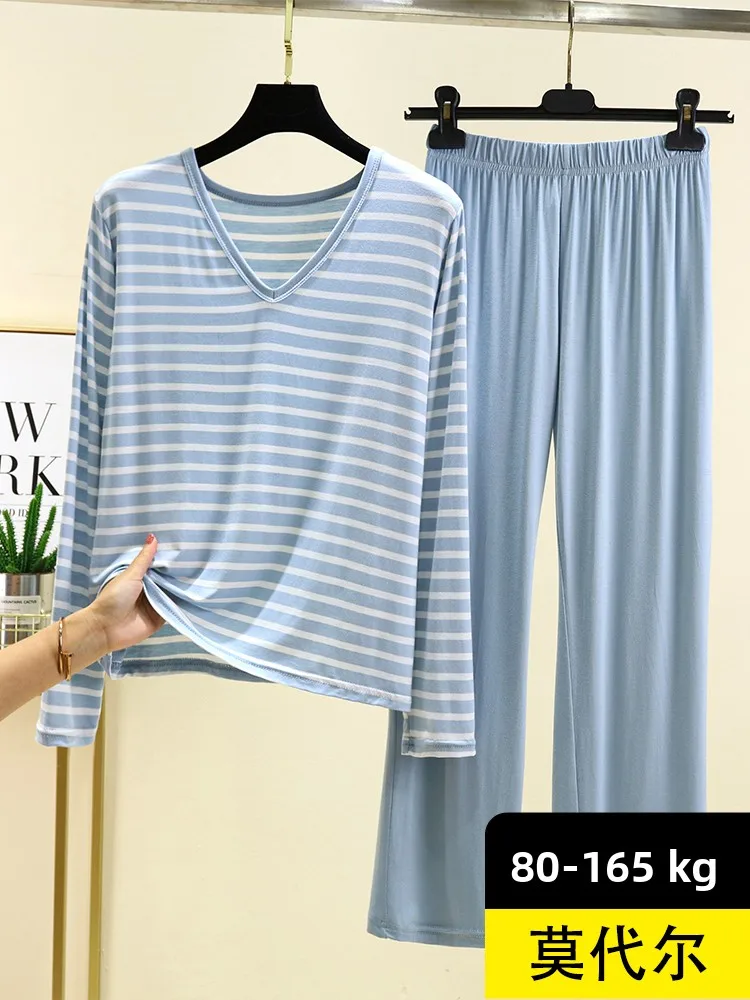 

Modal V-Ne Striped Home Clothes Set Loose Thin Long Sve T-irt Casual Pants Autumn Large Size Nightgown Two-Piece Set