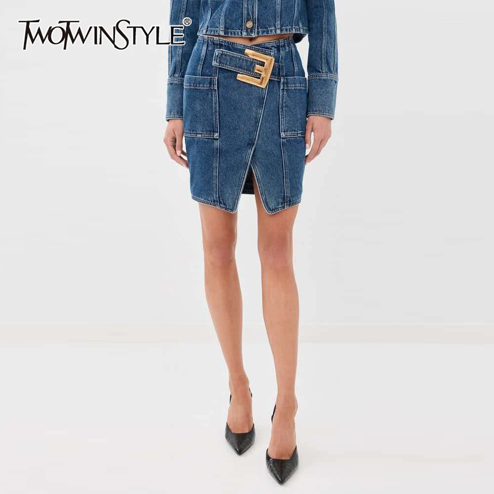 TWOTWINSTYLE Vintage Denim Skirt Wrap Front Split Midi Skirt for Women Cargo Pockets Blue Bodycon for Streetwear Club Outfits