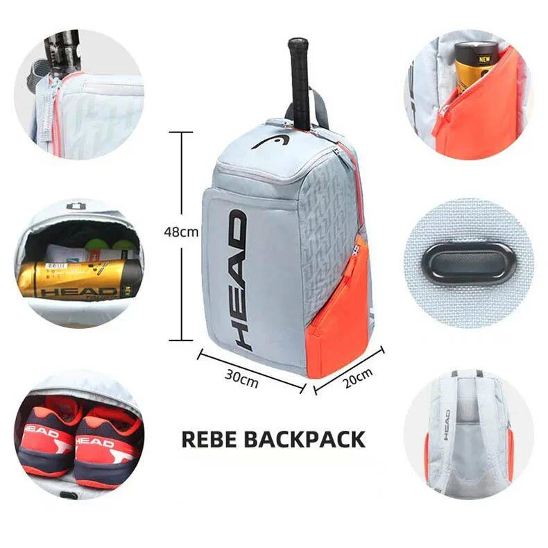 HEAD Rebel Tennis Backpack Grey Orange - 2 Racquet Capacity, Shoe Compartment Sports Bag