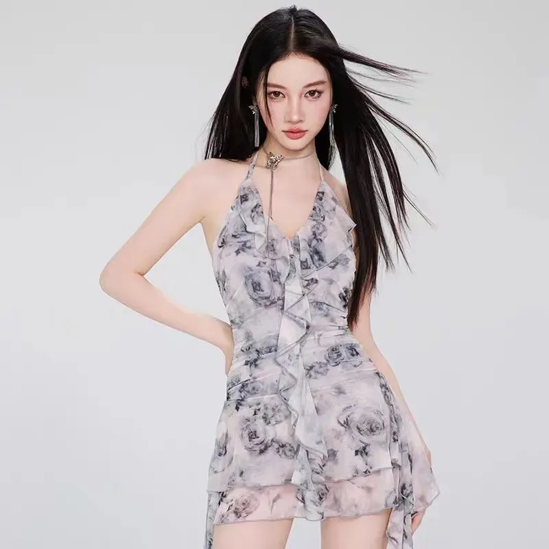 

Women's Rose Print Halter Neck Ruffle Trim Asymmetric Hem Mini Dress