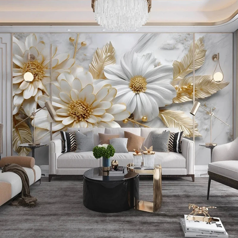 Custom Photo Mural Wallpaper Home Decor White Simple Marble Gold Flowers Art Wall Painting Living Room TV Background Home Decor