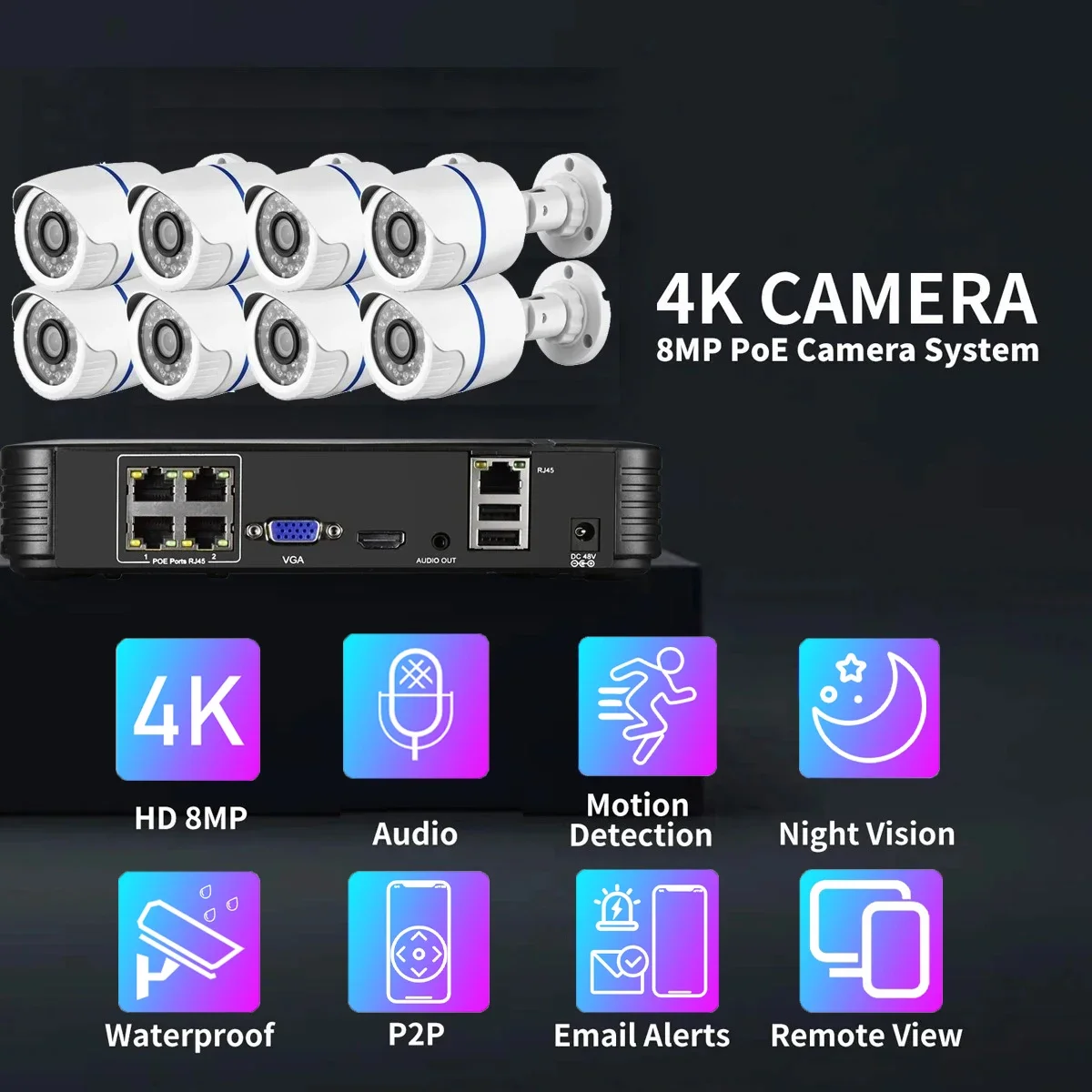 

Gadinan HD 8MP 4K POE NVR Kit Video Recorder Motion Detection Security System Outdoor Smart Home Audio Surveillance CCTV Camera