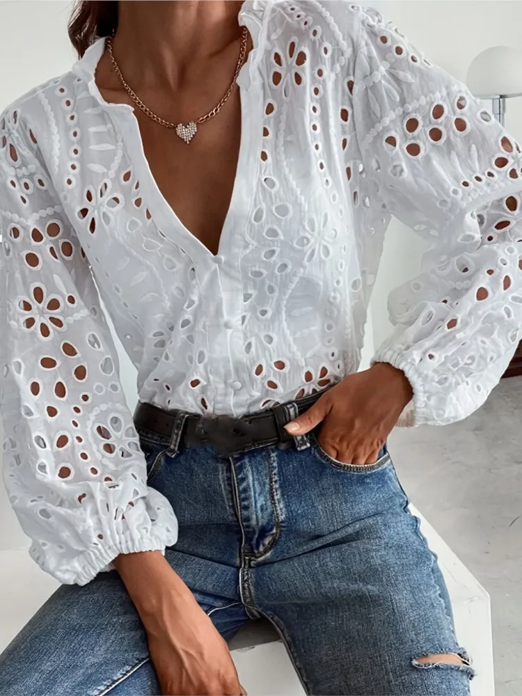 

Sexy Hook Flower Hollow Shirt For Women Fashion White V Neck Long Sleeve Shirts Tops Lady Elegant Office Womens Clothing Spring