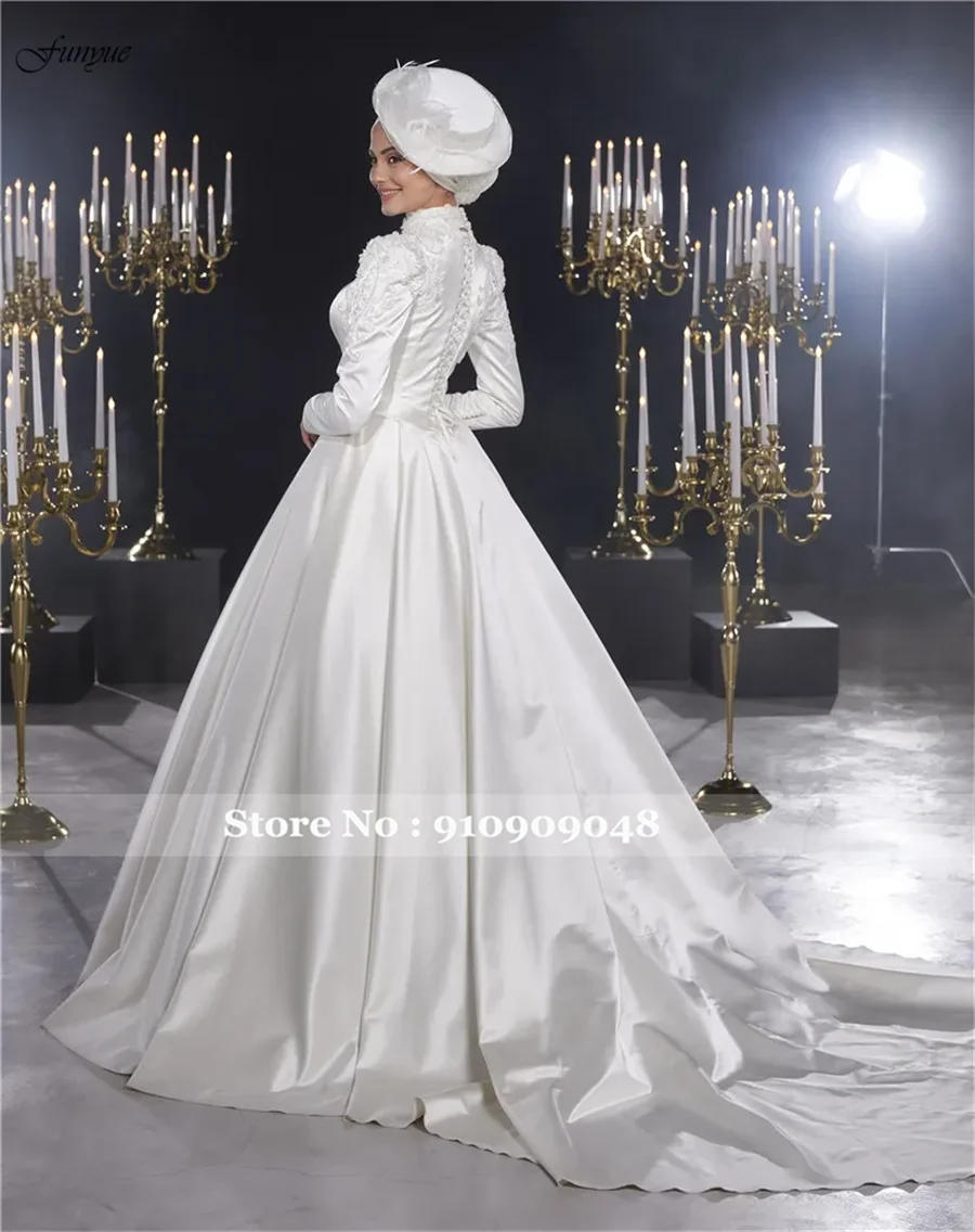 Funyue gaun pernikahan Satin Islami mewah gaun pengantin Muslim gading untuk pengantin lengan panjang manik-manik applique Vestidos De Novia