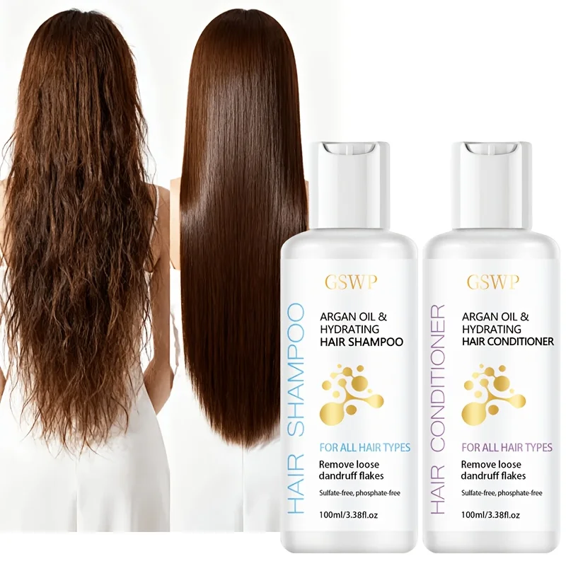 Set de Champú y Acondicionador Hidratante con Aceite de Argán GSWP. Hidratación profunda, espuma abundante, deja el cabello con una sensación de frescura. 100ml + 100ml