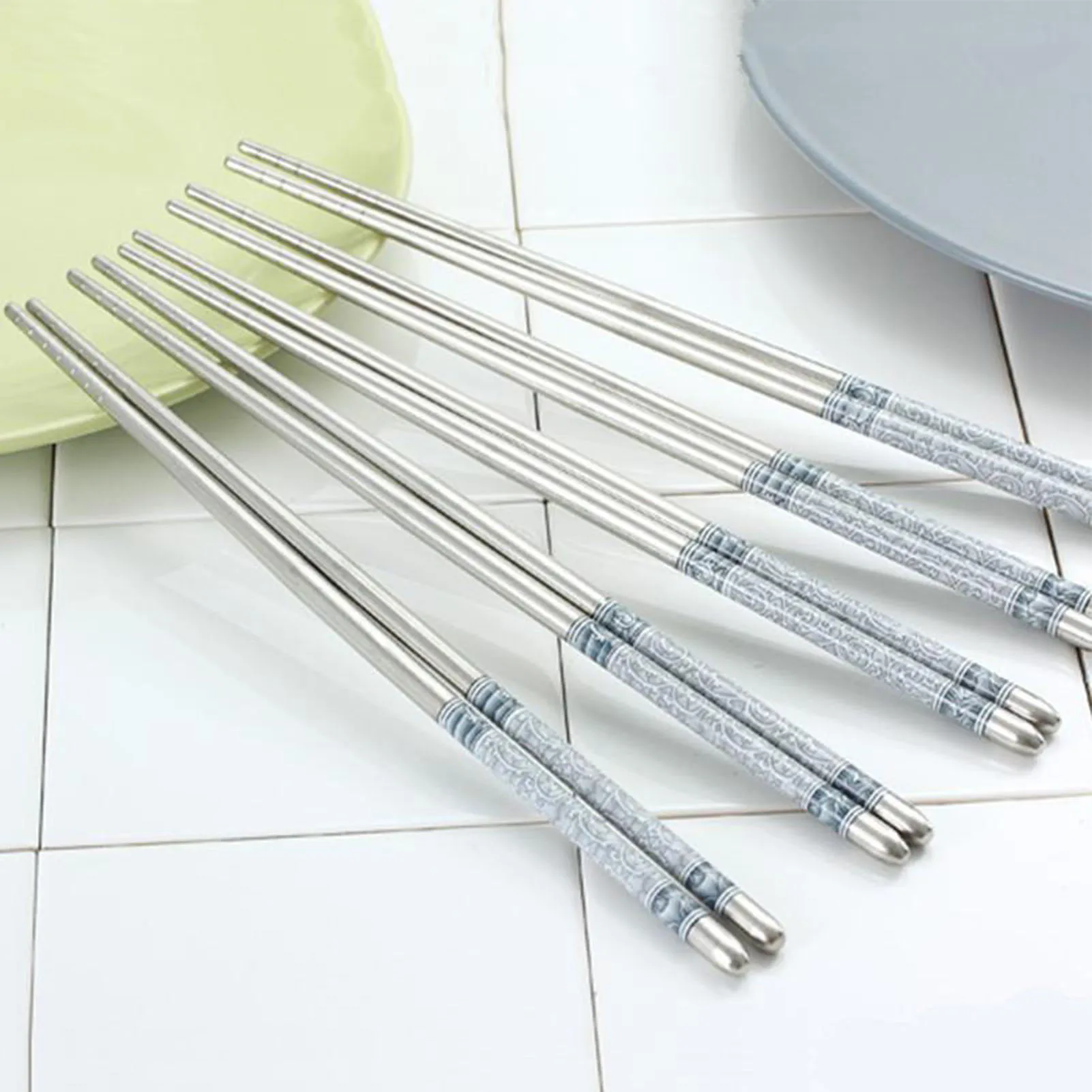 1 Pair Stainless Steel Chopsticks Blue White Porcelain Pattern Anti Slip Reusable Lightweight Metal Chinese Chopsticks