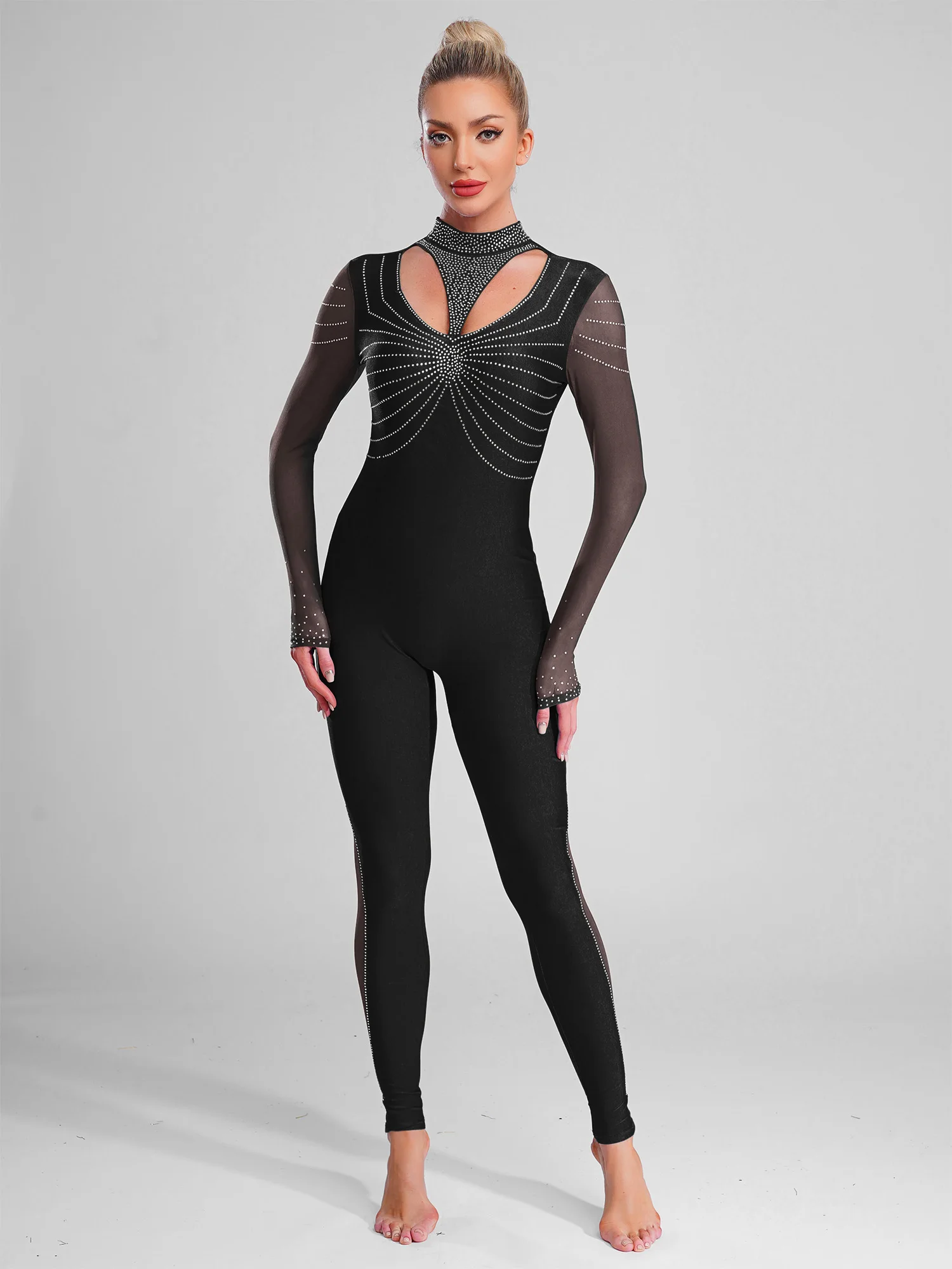 

Adults Figure Skating Yoga Bodysuit Women Ballet Dance Leoatrd Rhinestones Rhythmic Gymnastics Jumpsuit Long Sleeve Rompers