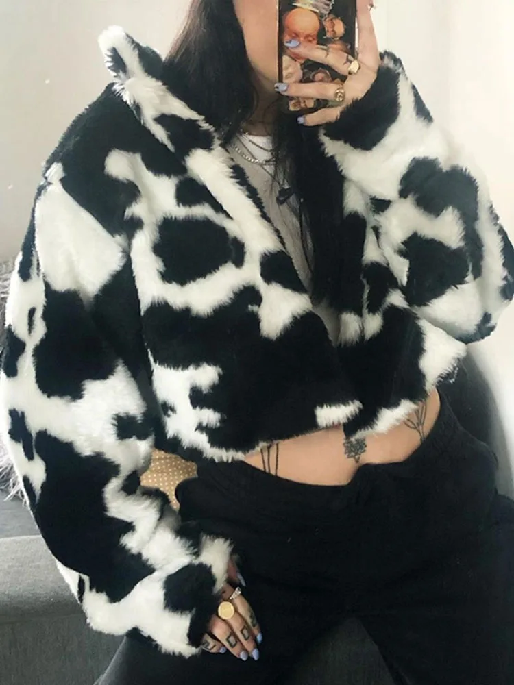 Faux Fur Coat Women Fashion Milk Cow Print Jacket Winter Thick Elegant Warm Fleece Cardigan Jacket Punk Gothic Crop Streetwear