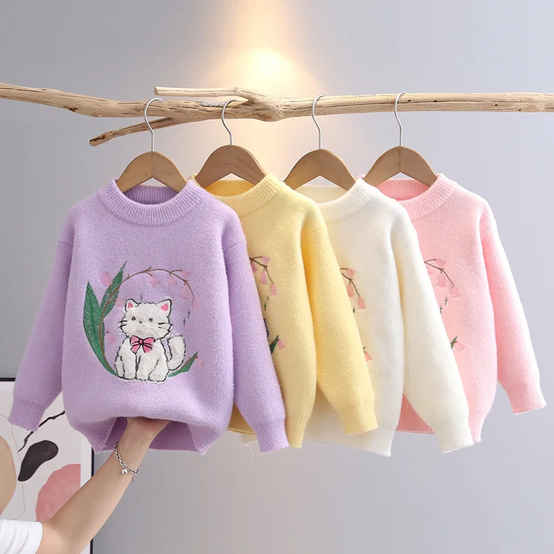 

Adorable Childhood Cartoon Cat Embroidery Kids Sweaters for Girls Dreamlike Princess Knitting Pullovers New Cosy Clothes HY08141