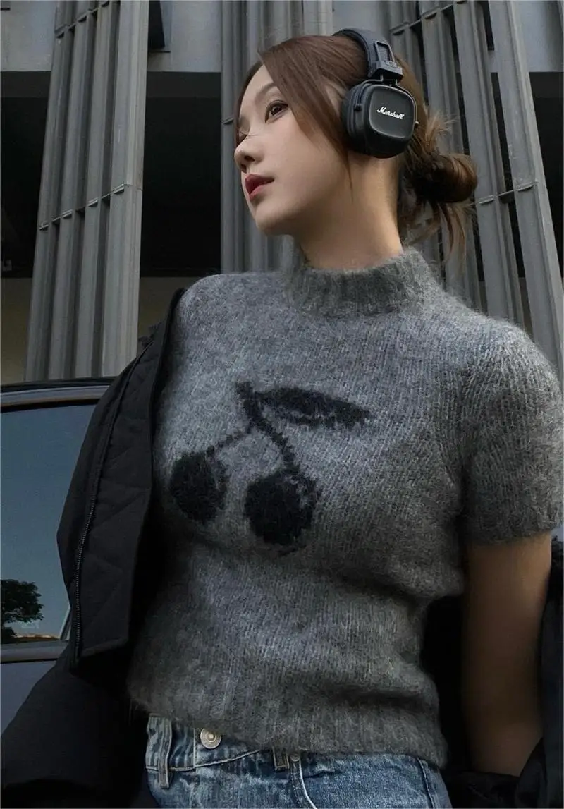 Cherry Jacquard Mohair Knit Pullover Women High Quality Cashmere Wool Half High Collar Short Sleeve Sweater Spring Crop Top X867