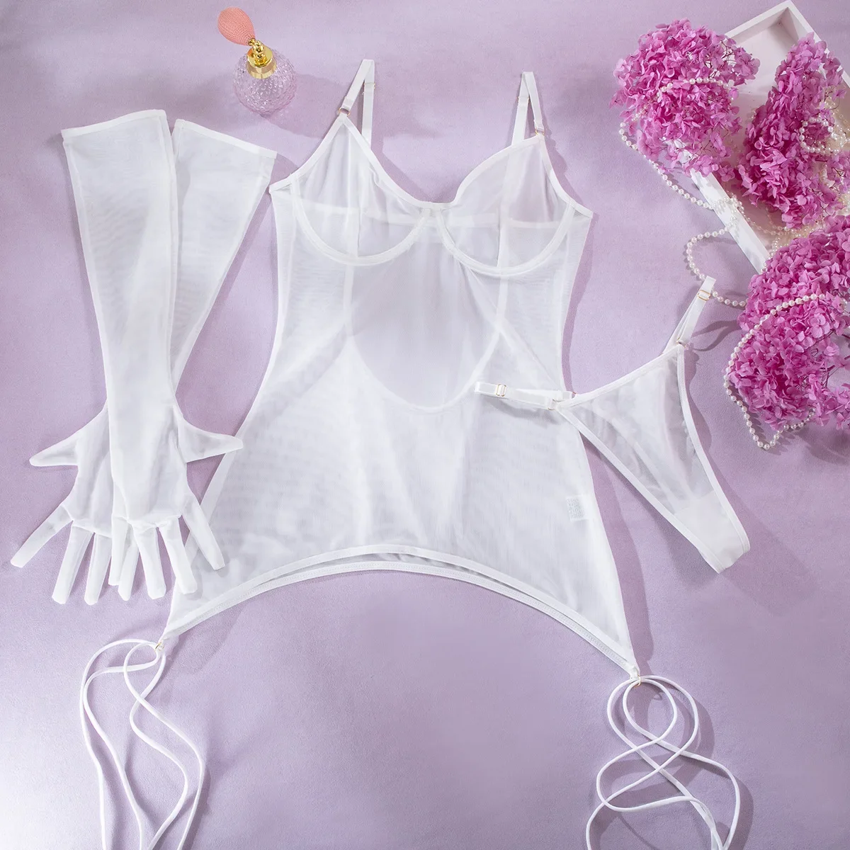

Sexy Solid Mesh Open Back Perspective Bodysuit with Rope Gloves Three Piece Set for Women See Though Fun Lingerie Intimates Suit