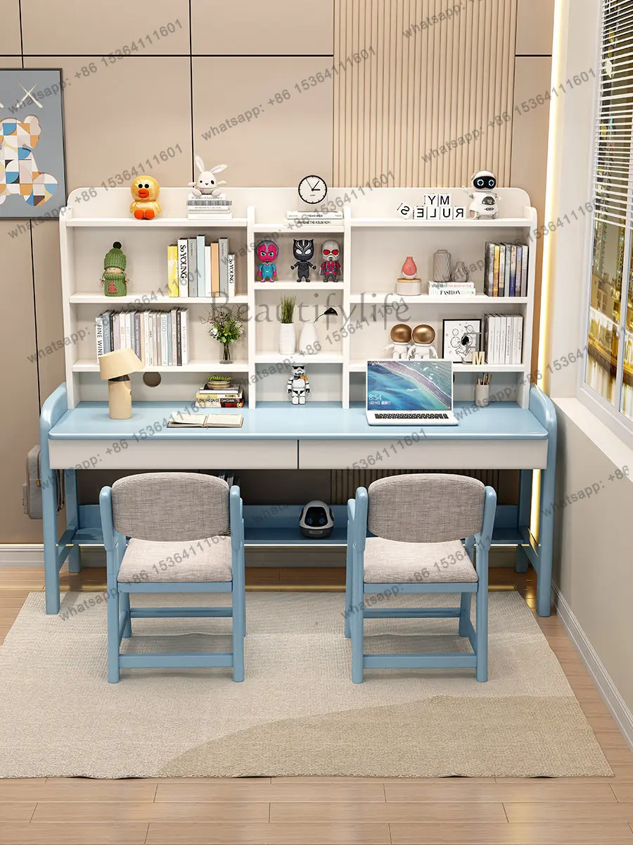 

Solid wood desk bookshelf integrated lifting household double writing desk