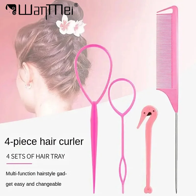 4 stücke Haar Flechter Kit Ratte Schwanz Kamm mit Elastische Schleife Gebogene Haken Cut-Tool Frauen Mädchen Haar Schönheit Styling flechten Werkzeuge