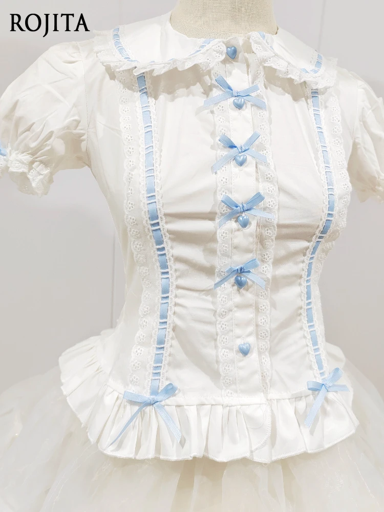 

Lolita Shirt Summer Preppy Style Bow Slim Blouses Cute Peter Pan Collar Lace Ruffles JK Shirts Girl Puff Sleeve Women Tops