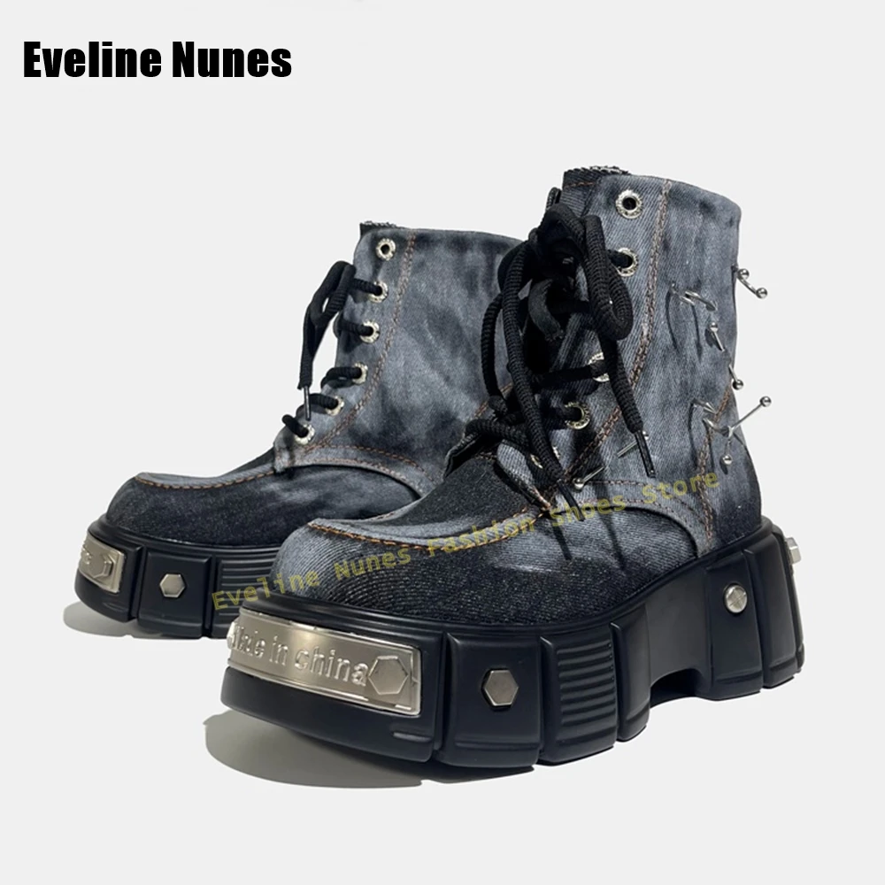 

Denim Metal Decoration Y2K Boots Round Toe Tank Sole Cross Tied Patchwork Punk Rock and Roll Mid-Calf Boots Spicy Girl 2025 New