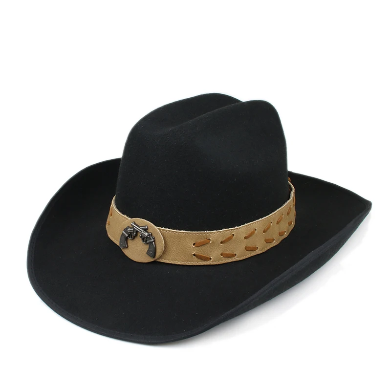 

Vintage Classic Two Guns Leather Band Retro Autumn Winter Warm Women Men Felt Yellowstone Cap Cowboy Hat 56-59cm Adjust