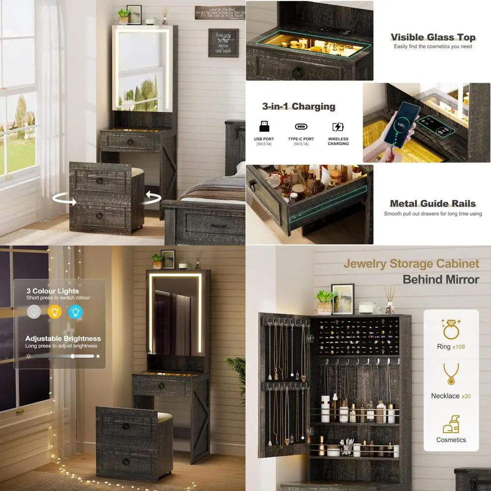 small vanity desk with mirror and lights, modern glass top dressing table with wheels & charging station, compact makeup vanity