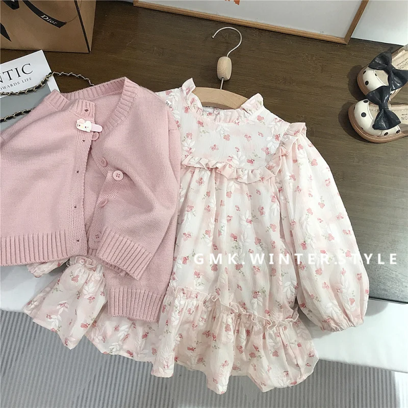 

Girls' Outfit Spring and Autumn New Children's Autumn Baby Floral Dress Skirt Children's Sweater Coat