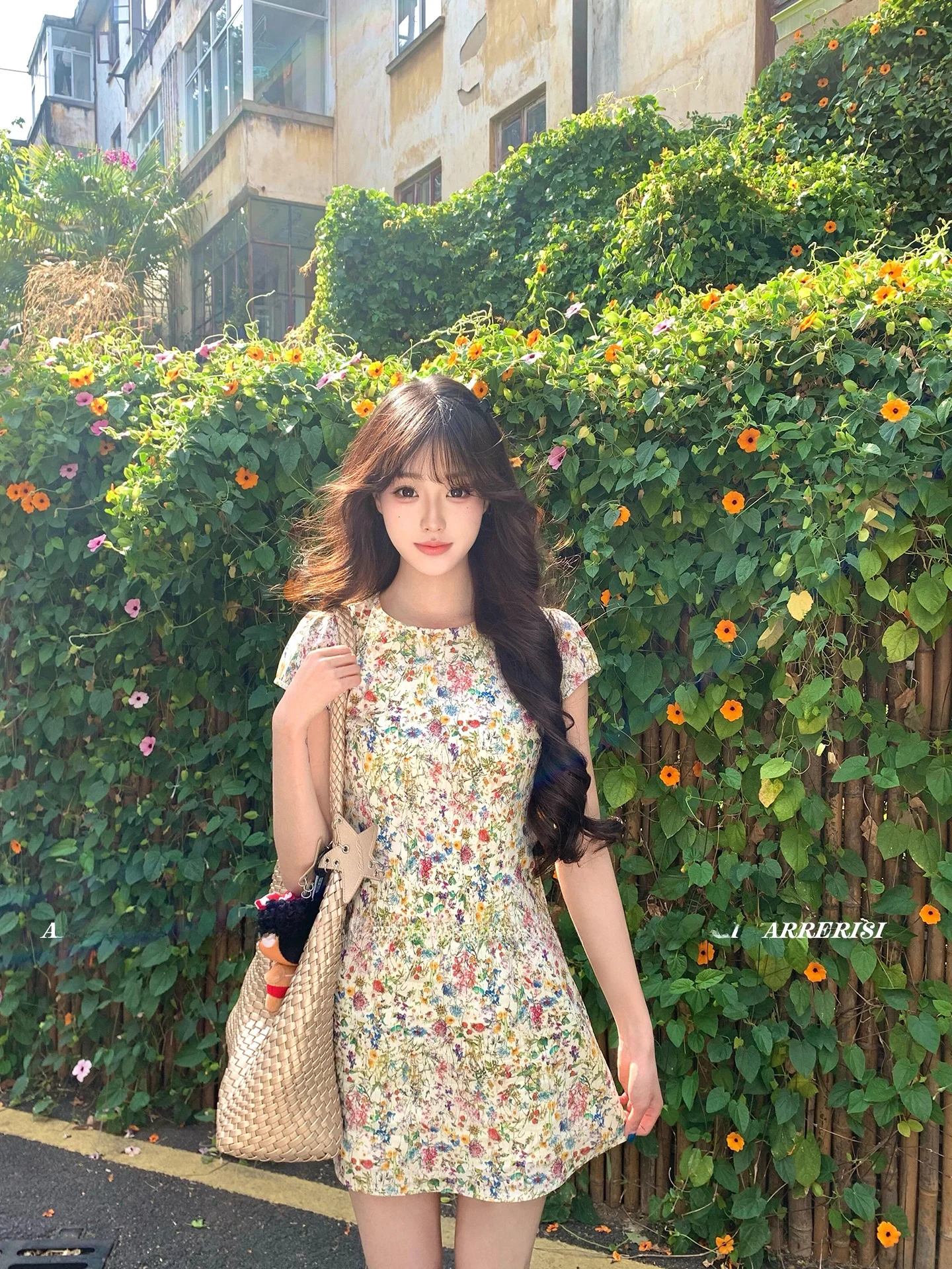

Monet Garden Short Sleeve Floral Dress Women Spring Summer round Neck Slim Fit Waist Cinched Dresses Country Style Dresses