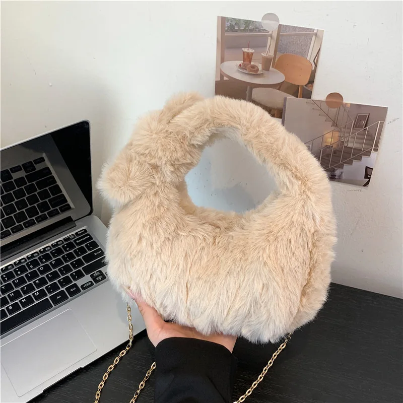 숄더백 2023 Winter Korean Faux Fur Shoulder Bags For Women Imitation Rabbit Hair Solid Color Top Handle Bag Metal Chain Crossbody