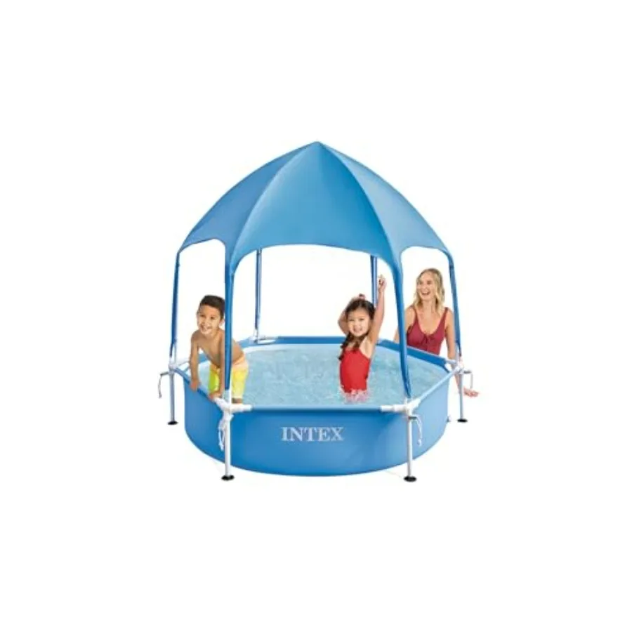 Above Ground Swimming Pool Canopy with Metal Frame, Silver, Puncture-Resistant Material, Built-In Sprayer, Easy Assembly, 6ft x
