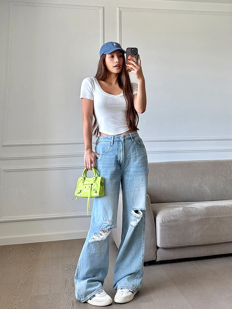 

Джинсы женские премиум-класса Maru Maruco с высокой талией, свободного кроя, рваные, повседневные, прямые, длинные, струящиеся, комфортные