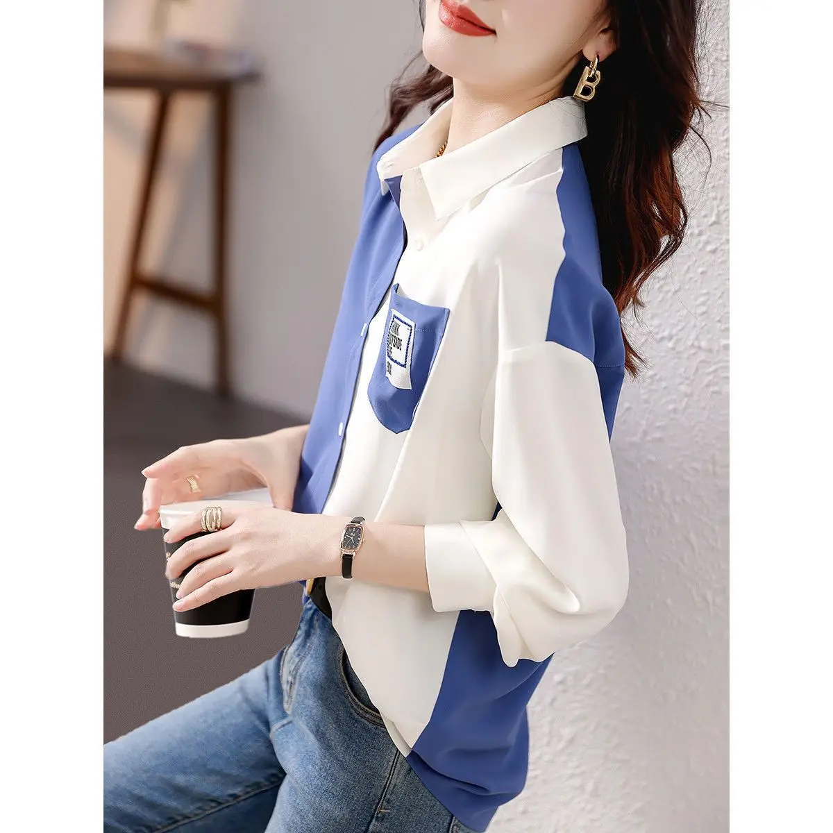 Spring Autumn Patchwork Solid Color Blouses 2024 New Irregular Long Sleeve Tops Ladies Buttons Interior Lapping Women\'s Clothing