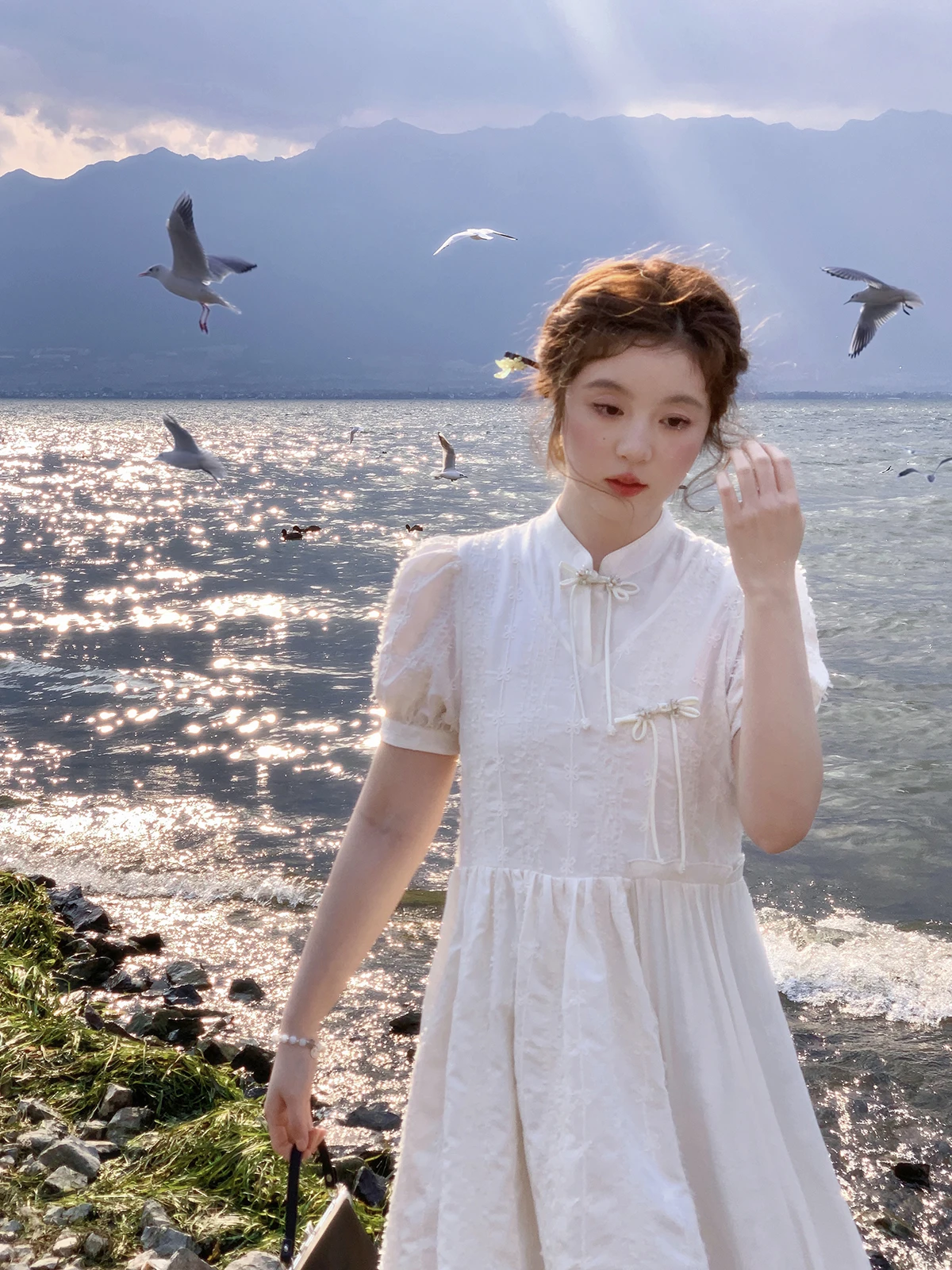 

New Chinese Style plus Size Women's Dress with Button Detail Cheesecake Eating Large Size Spring New Fashion Belly Covering