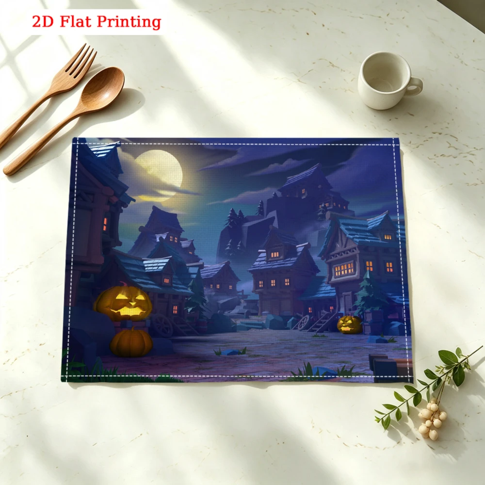 1Pc Halloween Night Village Placemat Blue Pumpkin Moon Print Table Mat Kitchen Dining Decor Protection 30X40Cm