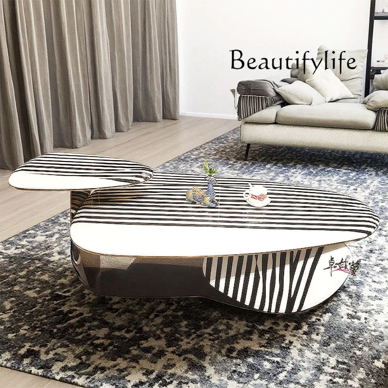 

Light luxury stainless steel high and low zebra tea table designer living room marble coffee table combination metal edge table