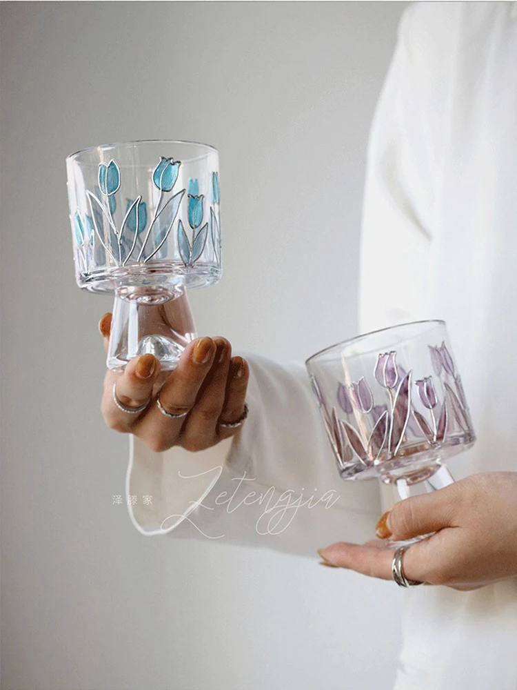 Delicate Hand-painted Red Wine Glass Glass Cup Tulip Juice Mug Goblet Couple Mug Souvenir Dessert Drink Cup Embossed Cup