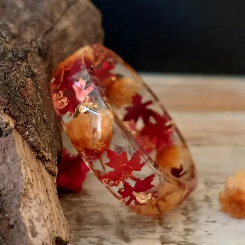 Autumn Plants Style Transparent Resin Drip Glue Red Maple Leaf Ring Couple Commemorating The Love Autumn When You Met Ring Gift