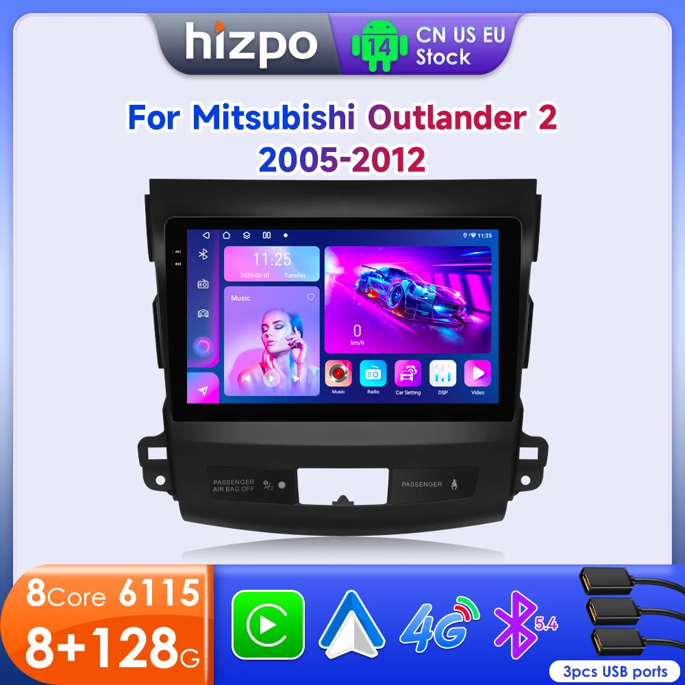 Hizpo 2 Din Android 14 For Mitsubishi Outlander 2006-2011 Peugeot 4007 Citroen C-Crosser  Car Radio Multimedia Carplay Gps 6115