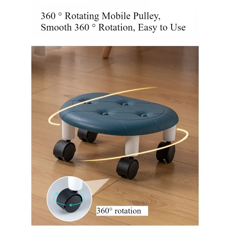 Banquinho baixo de imitação de couro com rodas, moderno e simples, para quarto, banquinho de plástico com rodas para uso doméstico, sala de estar, banquinho infantil pequeno.