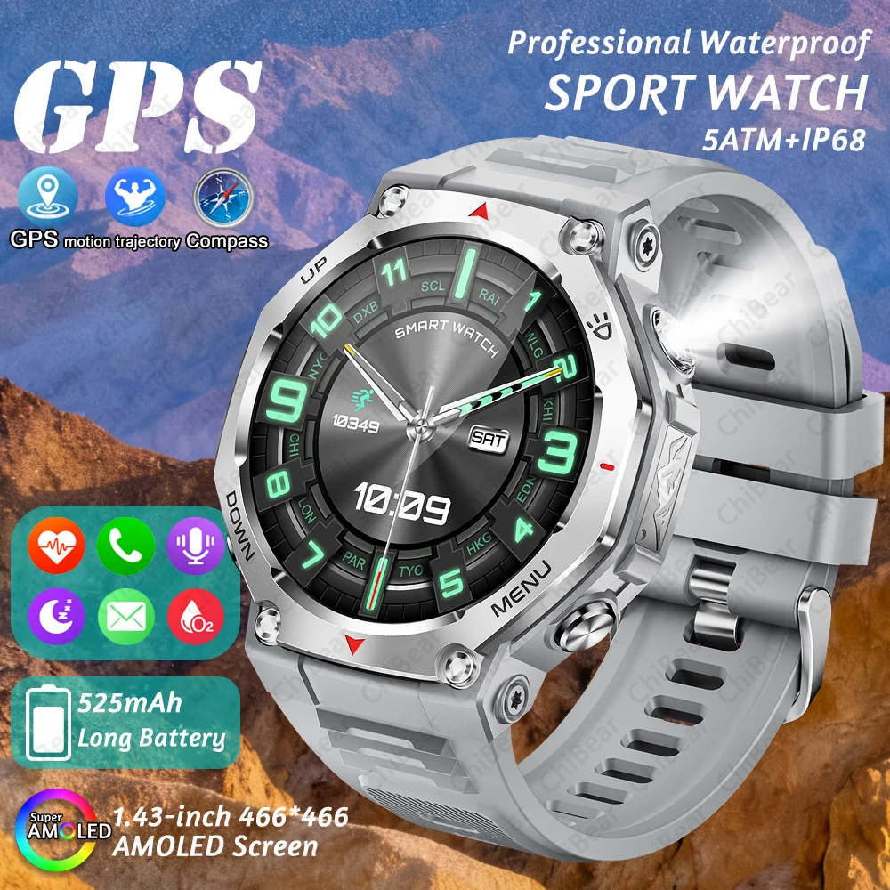 

Men's Outdoor Smart Watch 525mAh Long Battery Life AMOLED Display Built-in Flashlight Heart Rate Bluetooth Call 5ATM Waterproof
