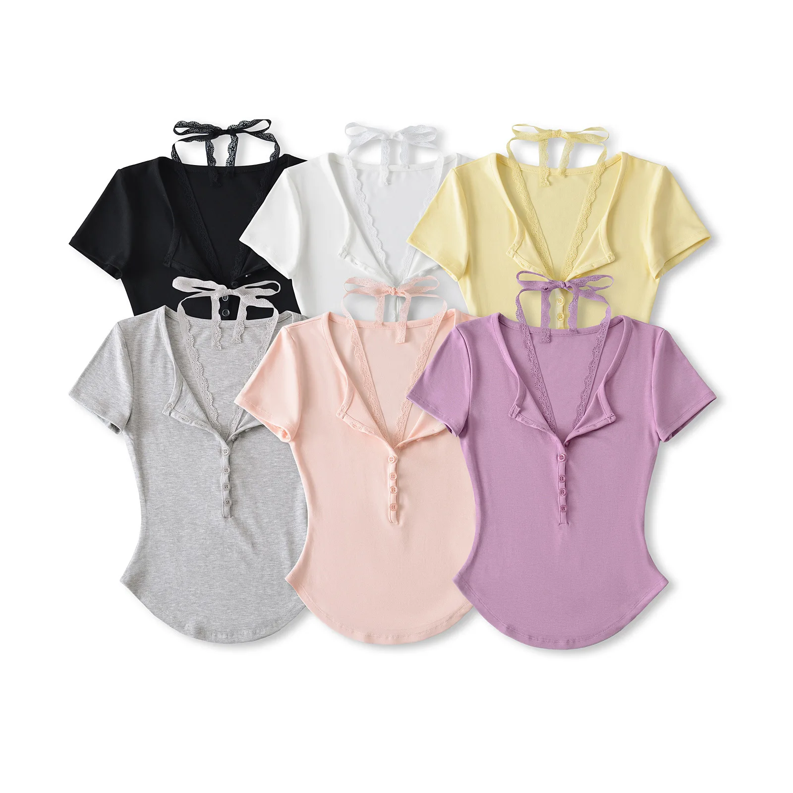 Cunning Button V-Neck Tie-Waist Curved Hem Slim-Fit Short-Sleeve T-Shirt for Women  Summer Sexy Slim-Fit Pure Desire Style DR
