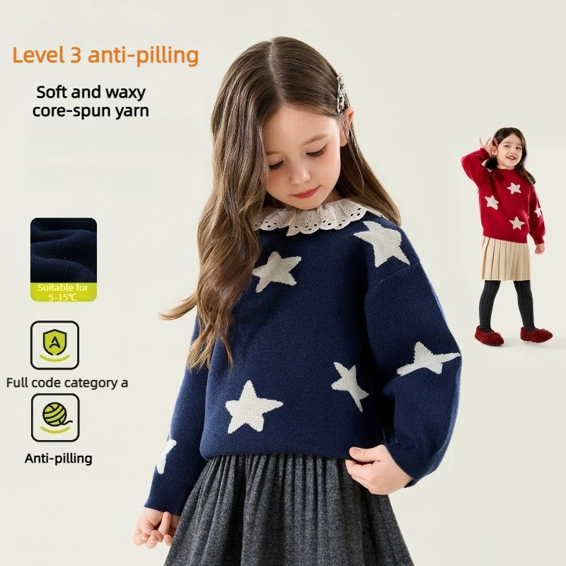 High‑Quality Anti‑Pilling Girls Knitted Pullover Sweater Star Pattern Soft Kids Jumper Autumn Winter Casual Children Knit Top