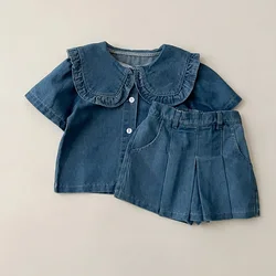 Summer children's set aged 0-6, stylish girl's solid color denim short sleeved top+half skirt set, baby girl short sleeved set