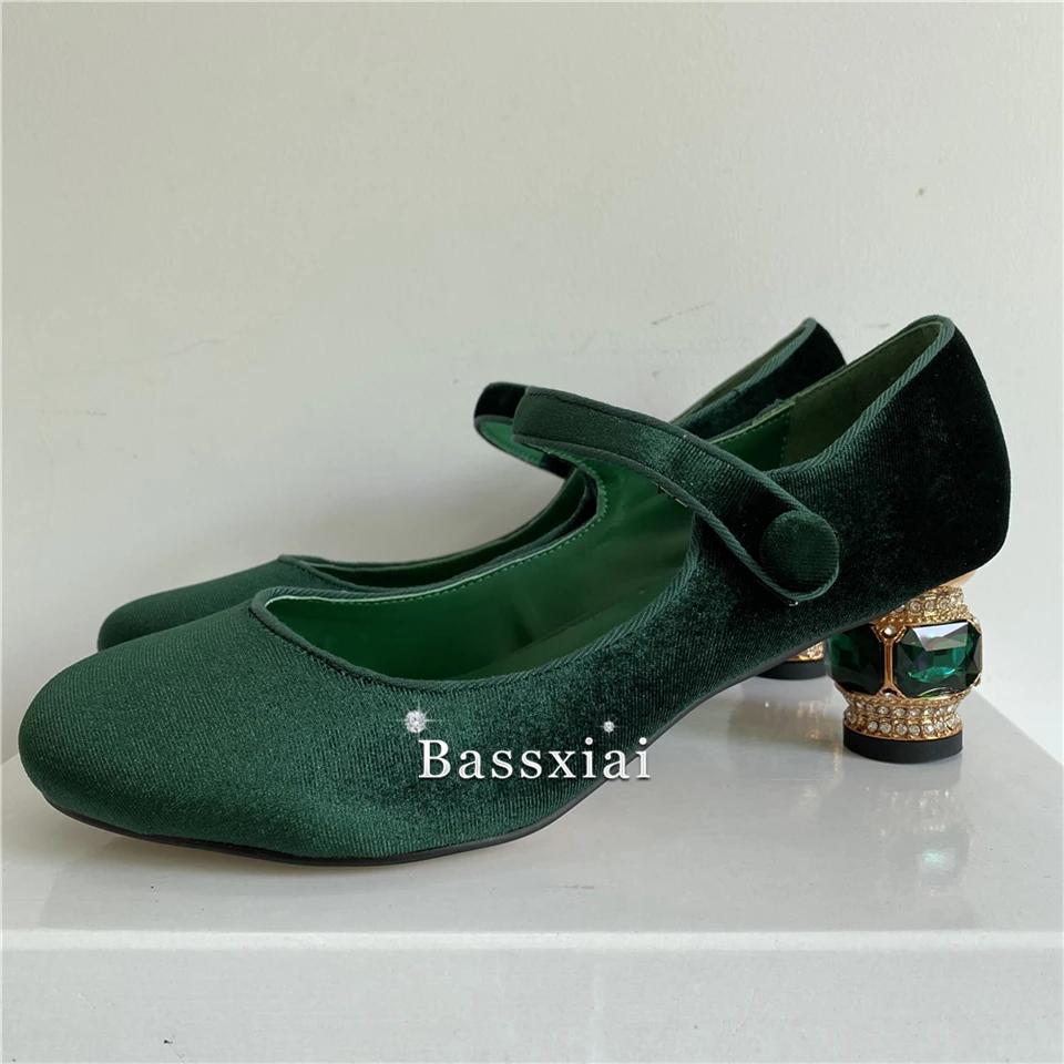 Luxury Velvet T-Strap Women Pumps Jeweled Rhinestone 6cm Heel Round Toe Side Cut Outs Spring Autumn Banquet Shoes Woman