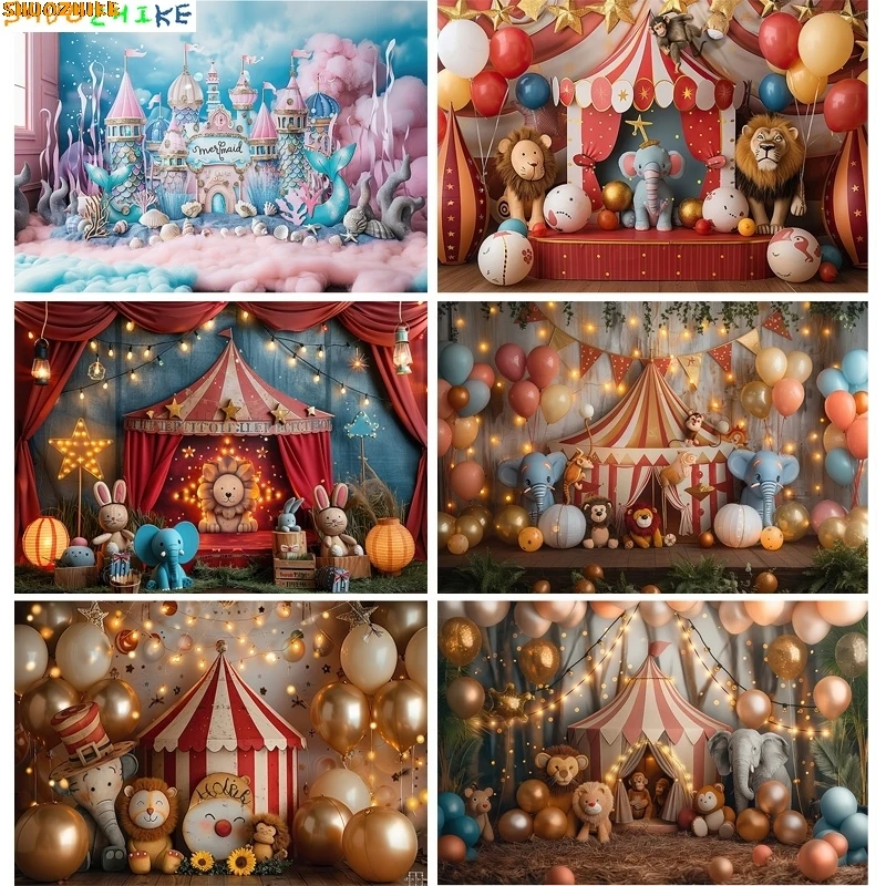 

Circus Tent With Striped Canopy Popcorn Photography Backdrops Balloons Birthday Party Decor Animal Photo Studio Background SD-04
