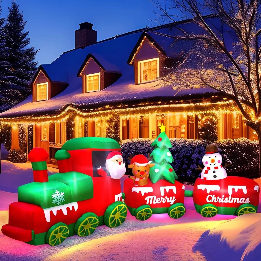 Christmas Inflatable Train and Santa Claus Reindeer Snowman Christmas Tree with Built-in LED Lights for Christmas Decoration