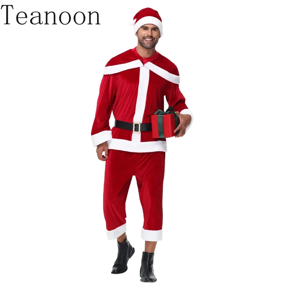 Teanoon Santa Claus Suit Christmas Cosplay Costume Xmas Red 5-Piece Set Carnival Party Dress Up Adult Festival Outfits